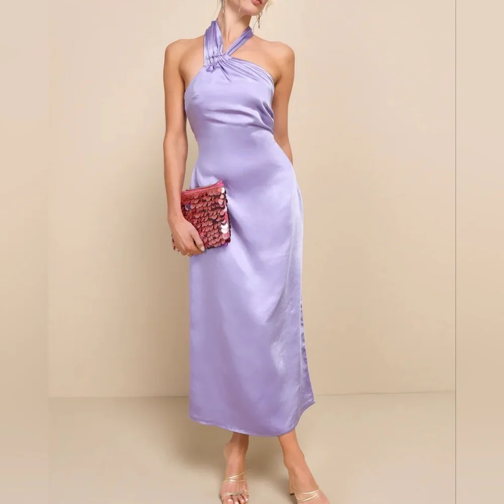 🆕️ Lulus Perfectly Sleek Lavender Satin Halter Slip Midi Dress - Picture 2 of 16